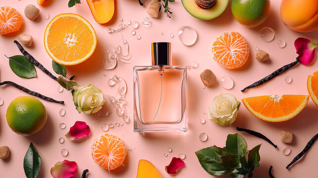 Flacon en verre avec fleurs, agrumes et vanille