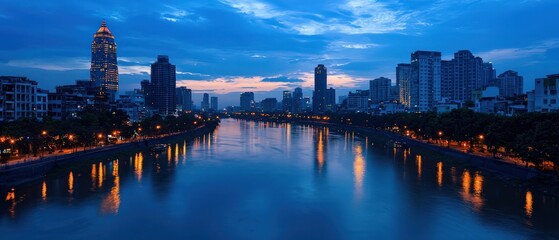 A tranquil evening cityscape with a river reflecting lights, surrounded by modern buildings under a blue sky.
