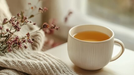 Person Enjoying Journaling with a Cup of Herbal Tea on a Cozy Retreat by the Window Amidst Soft Textiles