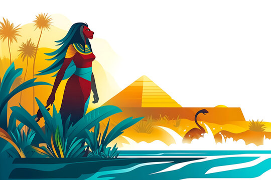 A captivating illustration of Tefnut, the Egyptian goddess of moisture and rain, embodying her divine connection to water and life. Tefnut is depicted as a lion-headed deity adorned with a sun disk 