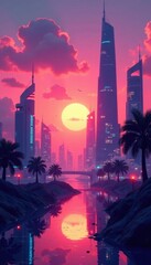 A futuristic cityscape at sunset with a gradient sky and abstract artistic buildings, gradient, neon lights
