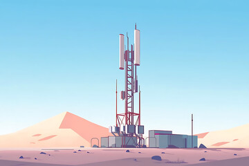 A realistic 3D render of a telecommunication base station receiver equipped with a modern 5G tower. The structure highlights advanced technology with multiple antenna arrays and signal transmitters 