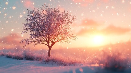 Naklejka premium Magical Winter Sunset Snow Covered Tree in Snowy Landscape