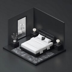 Modern Minimalist Bedroom Isometric Design Black Walls White Bed