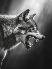 A detailed side profile of a wolf baring its teeth, illuminated by soft light in a dark and moody atmosphere.
