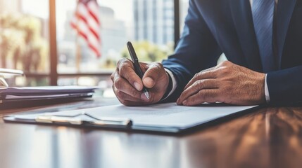 Close-up of politician signing important document on wooden desk, symbolizing political career and decision-making process with flag and cityscape elements.