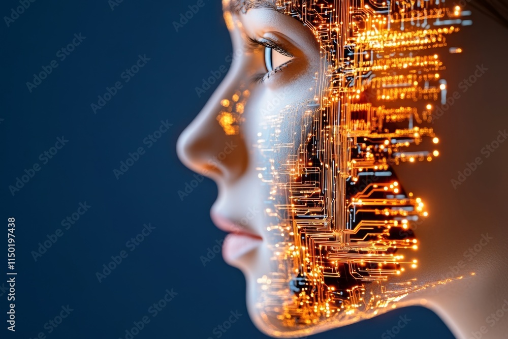 Aufkleber A hyper-realistic depiction of a personâ€™s face illuminated by the glow of a holographic interface, surrounded by futuristic data