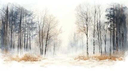 watercolour drawing forest landscape of dry trees in winter with fog background