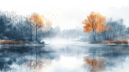 watercolour drawing forest landscape of dry trees in autumn with lake water reflection and fog background