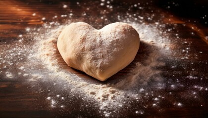 Generated image A raw, uncooked heart-shaped dough sits amidst a dusting of flour on a dark, rustic kitchen