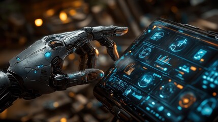 Robotic hand interacting with digital interface.