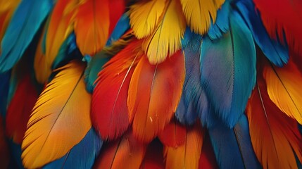 Obraz premium Vibrant feathers in vivid colors of blue, orange, and yellow.