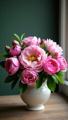 Pink peonies and roses arrangement in a decorative bowl with greenery, floral decorations, cut flowers