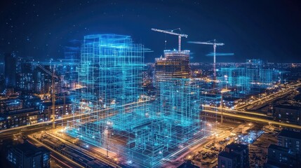 High-tech construction site with glowing blueprints