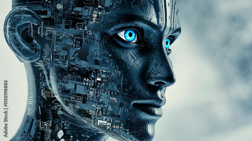Poster futuristic robotic face with glowing blue eyes surrounded by intricate circuitry and digital pattern