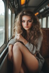 A young woman with curly hair sits on a train, wearing a cozy sweater. She gazes thoughtfully out the window, with natural light illuminating her face. 