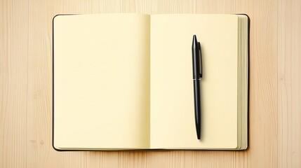 Black Pen on Open Notebook, Wooden Floor Background, Calm Space for Creative Writing or Doodling, Minimalist Aesthetic