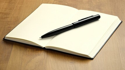 Black Pen on Open Notebook, Wooden Floor Background, Calm Space for Creative Writing or Doodling, Minimalist Aesthetic