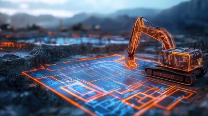 High-tech construction site with glowing blueprints