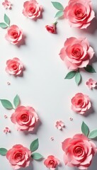 Naklejka premium Delicate paper roses in pastel shades scattered on a white background, flowers, roses