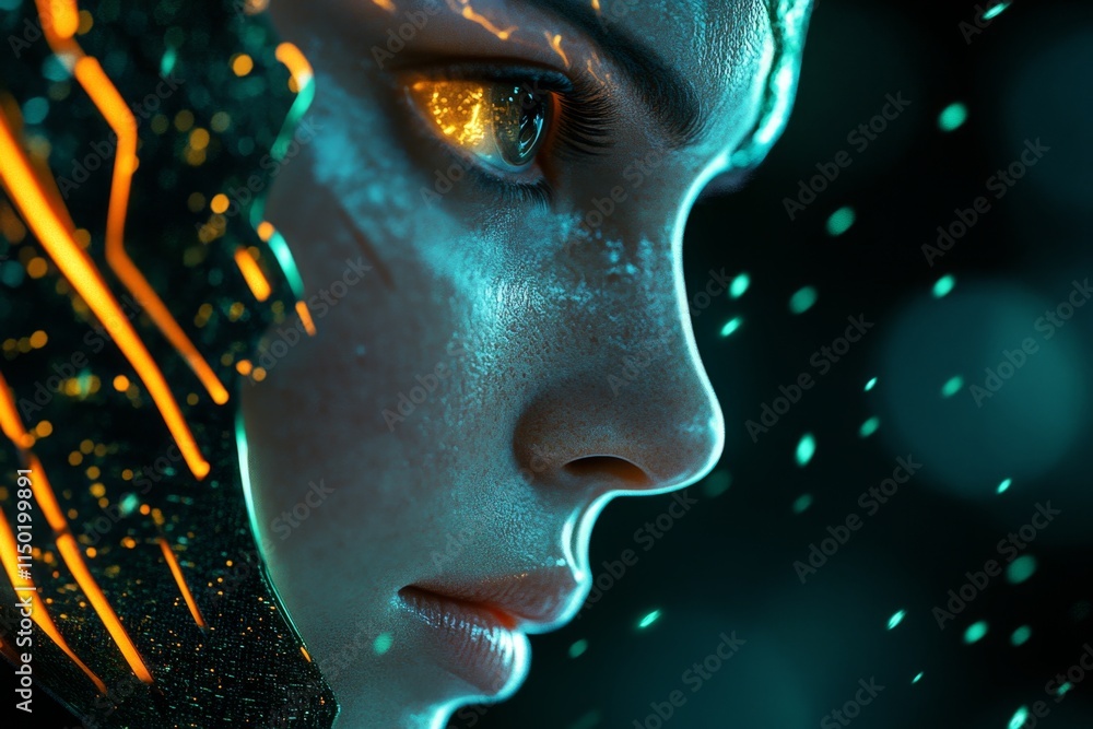 Poster a hyper-realistic depiction of a personâ€™s face illuminated by the glow of a holographic interface,