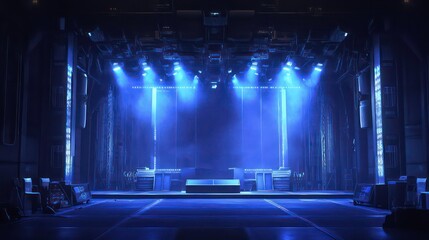 Obraz premium Empty Stage with Blue Spotlights and Equipment