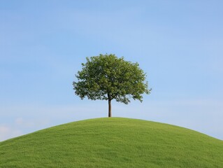 Obraz premium A solitary tree stands atop a lush green hill under a clear blue sky, creating a serene and peaceful landscape.