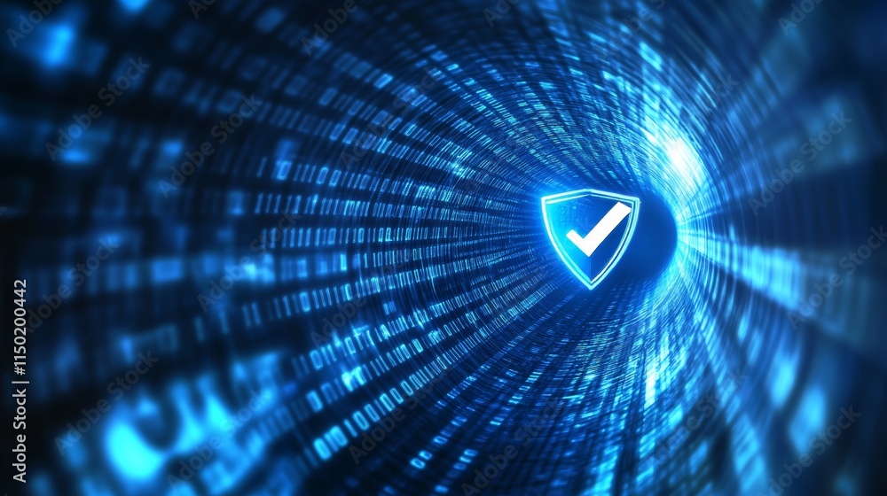 Poster digital tunnel with glowing shield symbolizing cybersecurity and data protection in a futuristic set