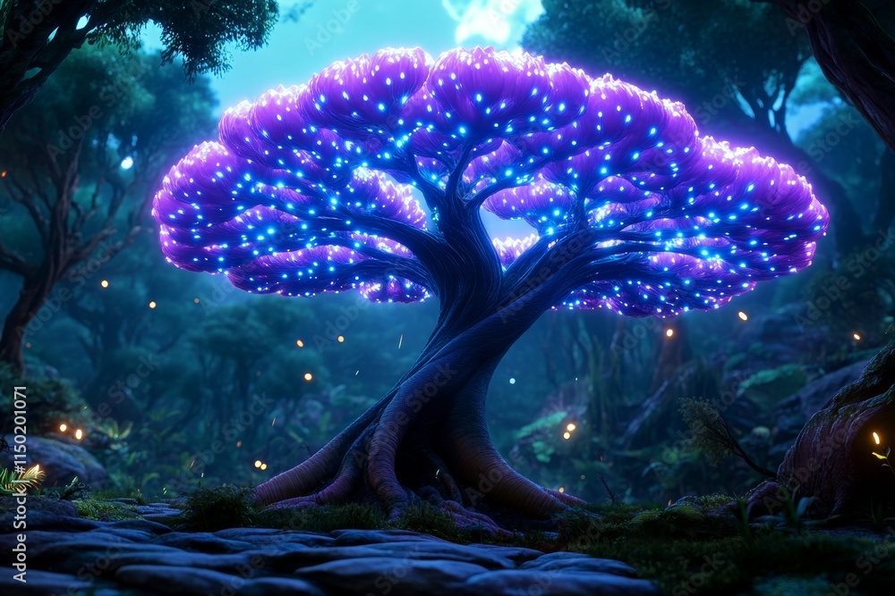 Poster a magical gmo tree glowing with bioluminescent fruits, set in an enchanted forest with vibrant, swir