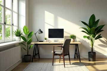 Minimalist Home Office with Greenery and Natural Light, minimalist desk, calm atmosphere