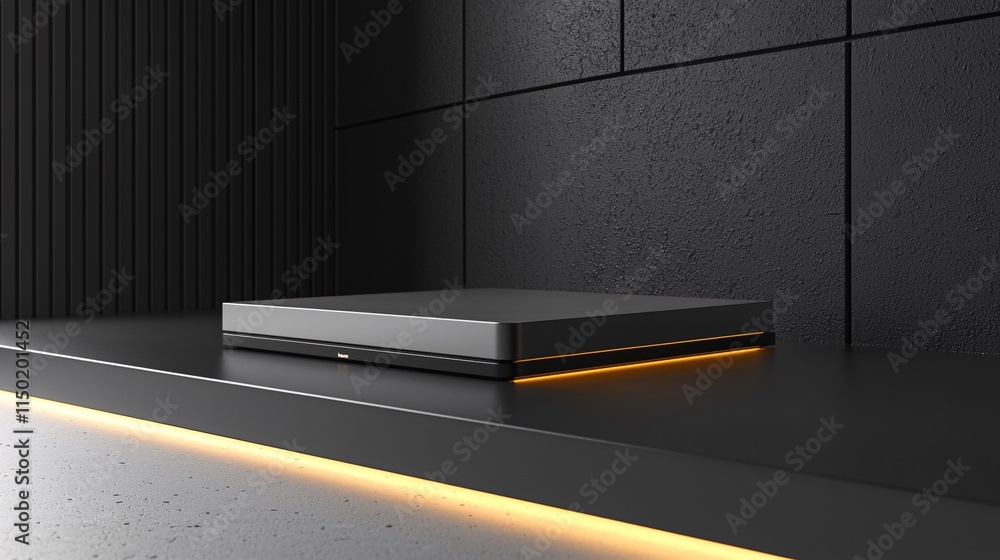 Poster modern tech device on dark platform illuminated base minimalist product display