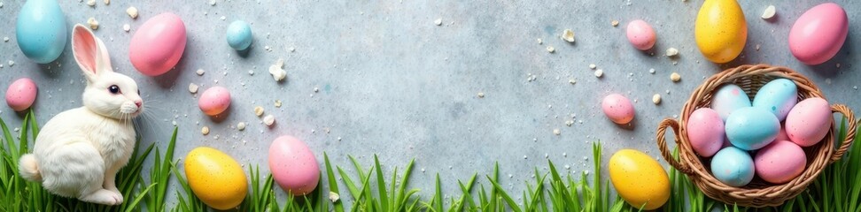 Obraz premium Easter-themed decorations on a grey concrete background, featuring pastel-colored bunnies and egg baskets , bunnies, egg basket