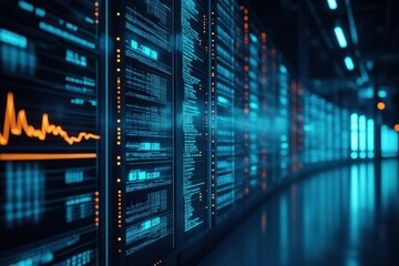 Server Room Data Center with Glowing Screens