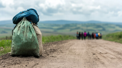 Back view queue of people with bags and backpacks walking along a dirt road. Refugees, forced displacement, migrant camp, temporary shelter
