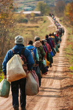 Back view queue of people with bags and backpacks walking along a dirt road. Refugees, forced displacement, migrant camp, temporary shelter