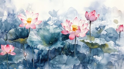 watercolour painting of lotus flowers and leaves in water in an influential and harmonious style of colours