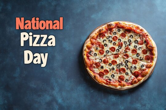 Celebrate National Pizza Day with a Delicious Pepperoni and Olive Pizza on Rustic Blue Background