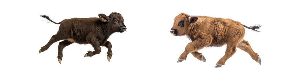 Fototapeta premium Two baby bison running in opposite directions