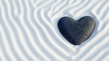 Fototapeta premium Heart-Shaped Stone on a Sandy Beach with Ripples: Symbol of Calmness and Tranquility in Nature's Design