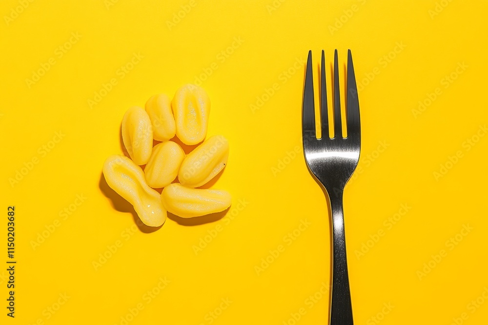 Poster a minimalist 2d design of gnocchi and a fork on a plain white background, accented with clean, bold 