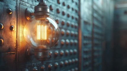 Vintage Edison bulb, glowing warmly against a metallic wall.