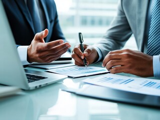 Two professionals discuss documents at a modern office desk, emphasizing collaboration and decision-making in a business environment.