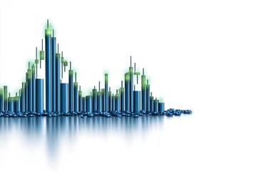 A minimalist depiction of a candlestick chart in blue and green tones, set on a white background