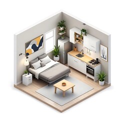 Modern Studio Apartment Isometric Minimalist Design Plants Wooden Furniture
