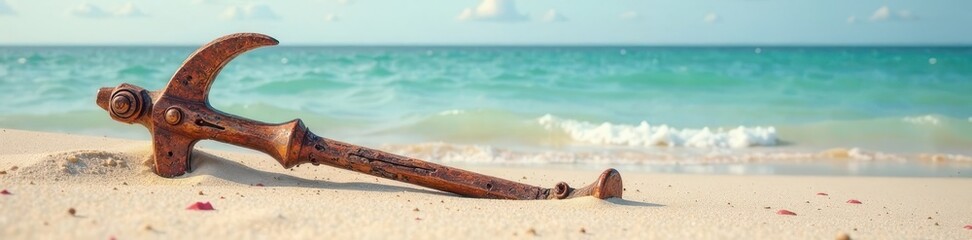 An old wooden anchor is half-buried in sandy beach, weathered, anchor