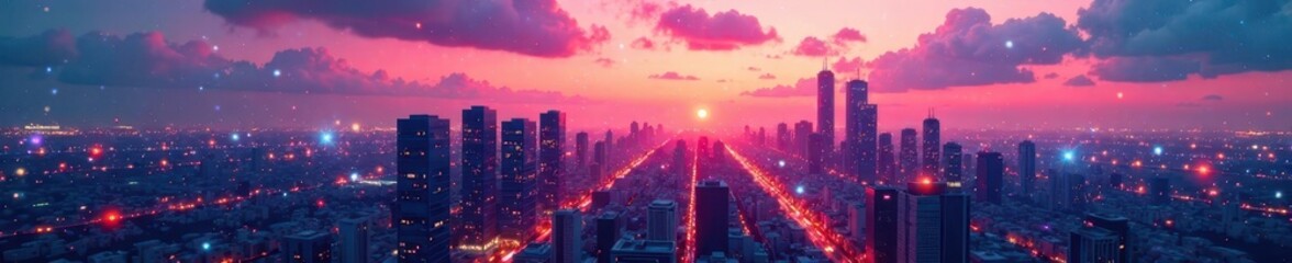 Fototapeta premium Abstract geometric shapes overlay futuristic cityscape at dusk, neon lights, urban
