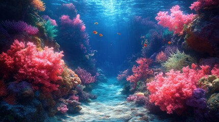 Fototapeta premium Vibrant coral reef, colorful fish, sunlit ocean.