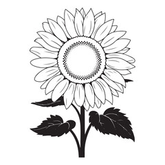 A black and white sunflower line art coloring page for kids with leaves