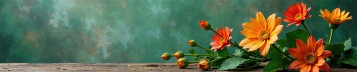 Fototapeta premium Decaying artificial flowers in a worn wooden frame against a muted green background , floral wreath, wooden frame