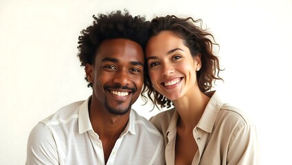 A Portrait of a Happy Interracial Couple Smiling Brightly Against a White Background